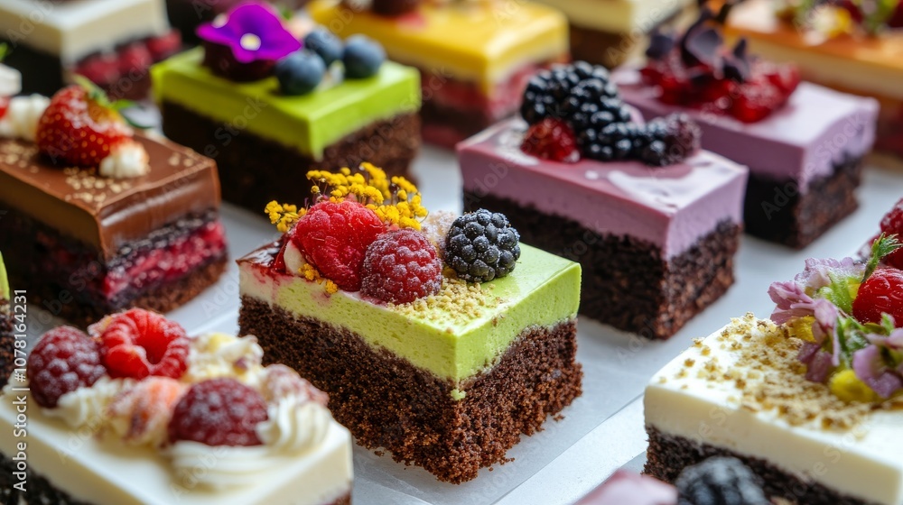 43.A selection of assorted cake slices, featuring a variety of flavors such as chocolate, lemon, matcha, and berry. Each piece is topped with different decorations, including fresh fruit, whipped 43.A selection of assorted cake slices, featuring a variety of flavors such as chocolate, lemon, matcha, and berry. Each piece is topped with different decorations, including fresh fruit, whipped