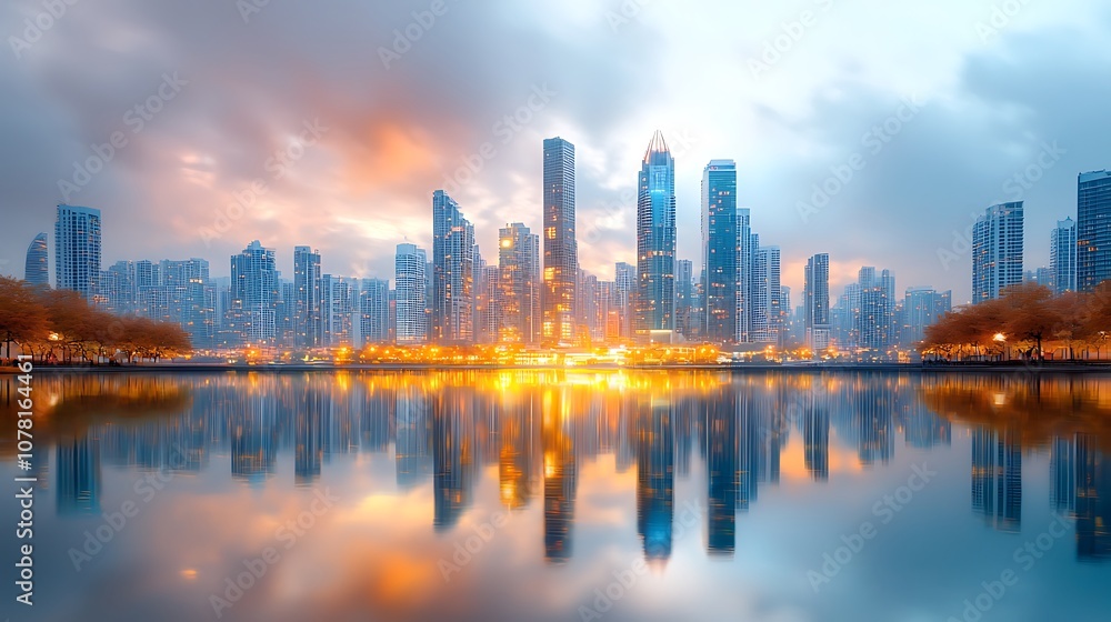 The city skyline casts a mesmerizing reflection on the tranquil waters below, creating a surreal and captivating sight as the night falls upon the urban landscape. The city skyline casts a mesmerizing reflection on the tranquil waters below, creating a surreal and captivating sight as the night falls upon the urban landscape.