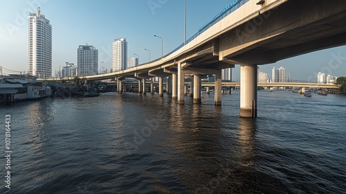 Urban Landscape with Modern Architecture and Waterway