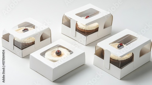 38.A set of cardboard cake packaging boxes with transparent windows, shown from different angles. The boxes are simple and sleek, with clean white surfaces and easy-to-hold handles. The transparent