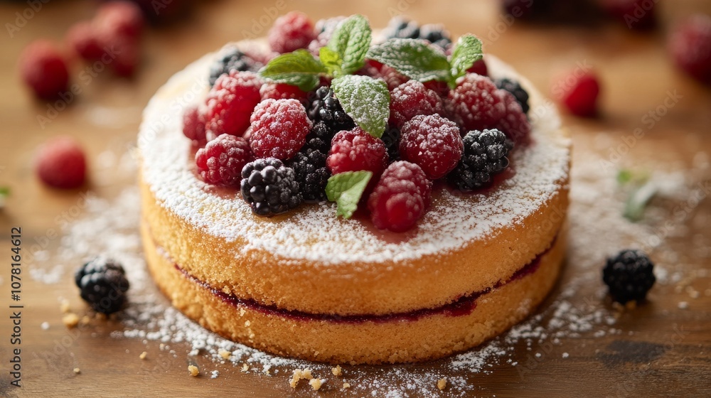 33.A close-up shot of a fluffy sponge cake topped with an array of ripe berries and sprigs of fresh mint. The cake is placed on a wooden table, with crumbs and mint leaves scattered around for a 33.A close-up shot of a fluffy sponge cake topped with an array of ripe berries and sprigs of fresh mint. The cake is placed on a wooden table, with crumbs and mint leaves scattered around for a