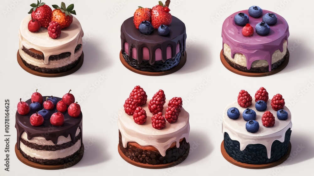 66.A set of isometric birthday cakes, featuring multiple designs with chocolate or vanilla frosting. Each cake is topped with fresh berries such as strawberries, blueberries, and raspberries, giving 66.A set of isometric birthday cakes, featuring multiple designs with chocolate or vanilla frosting. Each cake is topped with fresh berries such as strawberries, blueberries, and raspberries, giving