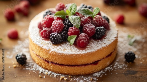 Wallpaper Mural 33.A close-up shot of a fluffy sponge cake topped with an array of ripe berries and sprigs of fresh mint. The cake is placed on a wooden table, with crumbs and mint leaves scattered around for a Torontodigital.ca