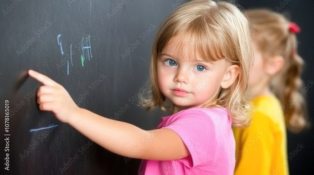 Young Child Engaged in Learning at School, Writing on Chalkboard with Colorful Chalk and Smiling Expression, Educational Environment Focused on Child Development Young Child Engaged in Learning at School, Writing on Chalkboard with Colorful Chalk and Smiling Expression, Educational Environment Focused on Child Development