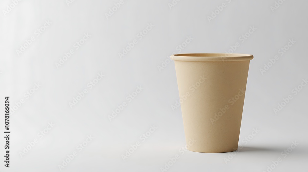 A simple beige cup placed on a light background, suitable for beverages. A simple beige cup placed on a light background, suitable for beverages.