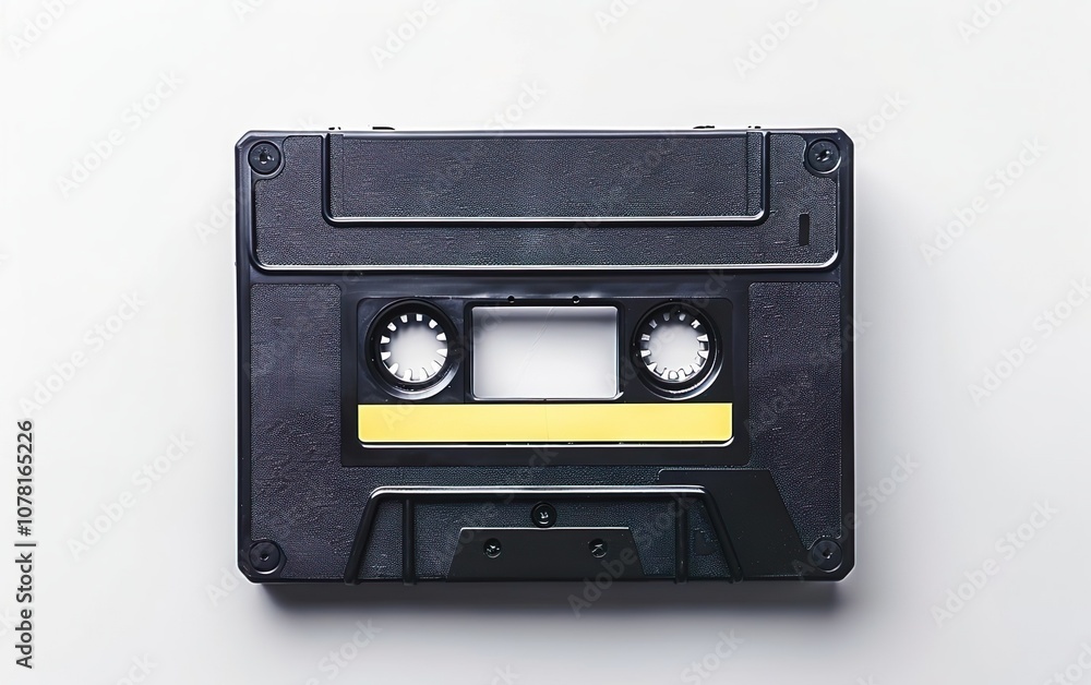 Obraz premium Old black yellow audio cassette isolated on white background. Retro music poster, vintage culture, nineties nostalgia, throwback, old school, memories, youth. 90s analogue technologies, non digital