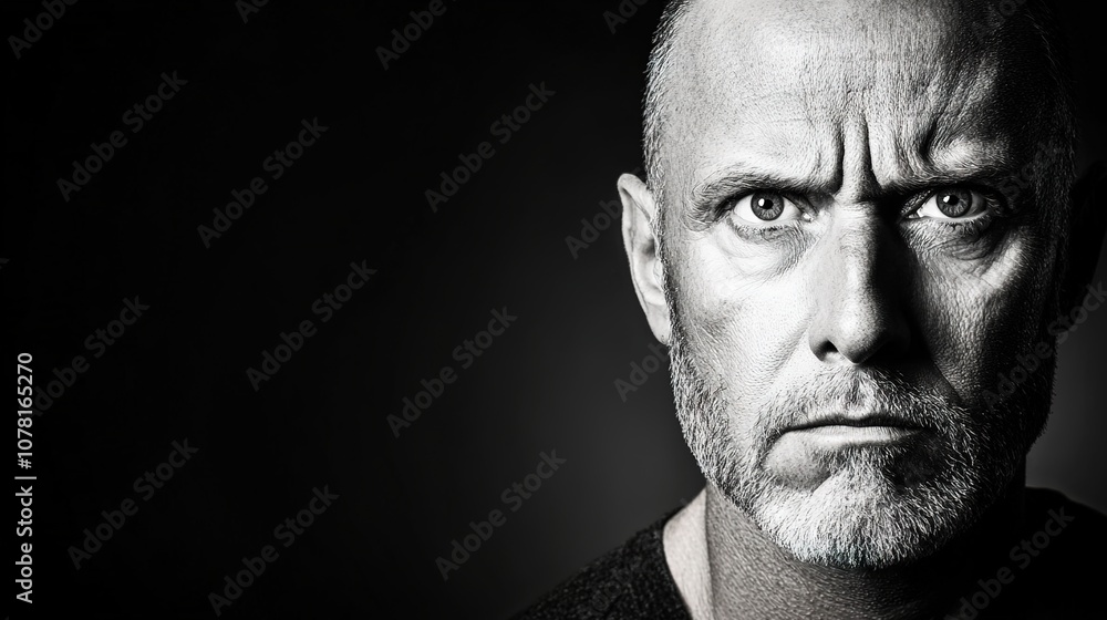 Intense Close-Up of a Mature Man with a Serious Expression Highlighting Strength and Determination in Black and White Photography Intense Close-Up of a Mature Man with a Serious Expression Highlighting Strength and Determination in Black and White Photography