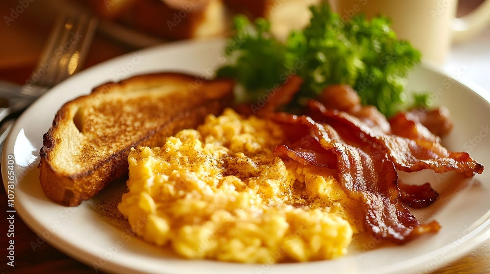A classic American breakfast, featuring scrambled eggs, crispy bacon, and buttered toast.
A classic American breakfast, featuring scrambled eggs, crispy bacon, and buttered toast.