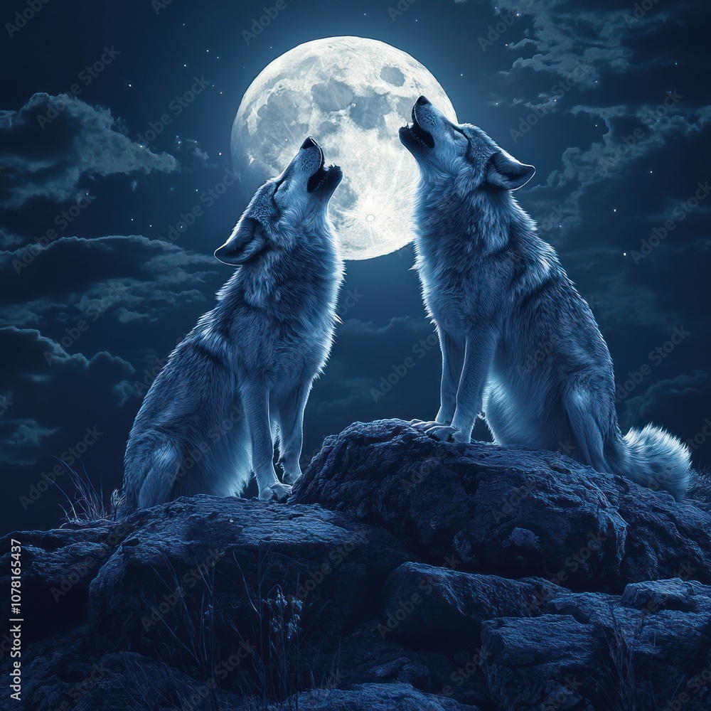 Naklejka premium Wolves howling under the moonlight