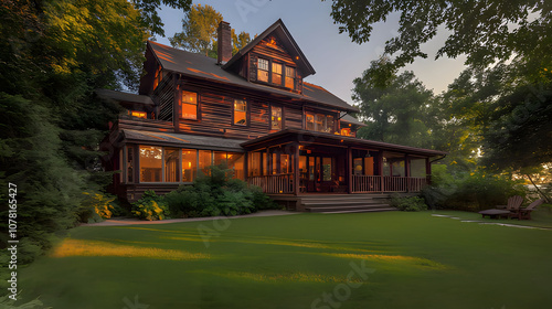 a house with a large porch and a sign that says welcome to the front door. Generative AI