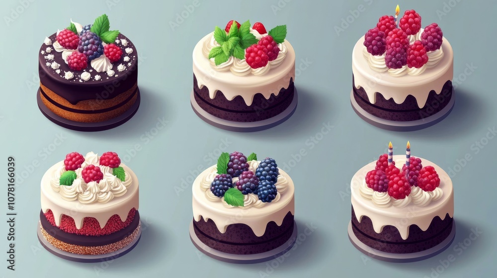 69.A vibrant set of isometric birthday cakes, showcasing a variety of designs with either chocolate or vanilla frosting. Each cake is topped with an assortment of fresh berries and delicate cream 69.A vibrant set of isometric birthday cakes, showcasing a variety of designs with either chocolate or vanilla frosting. Each cake is topped with an assortment of fresh berries and delicate cream