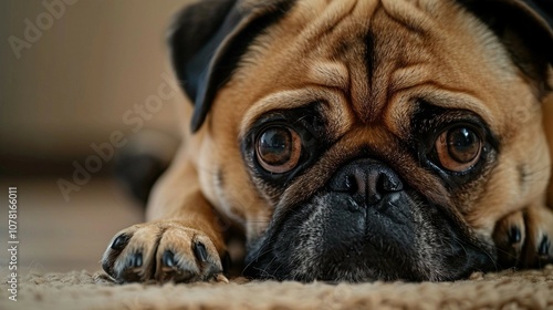 
portrait of a pug puppy with an apologetic look photo