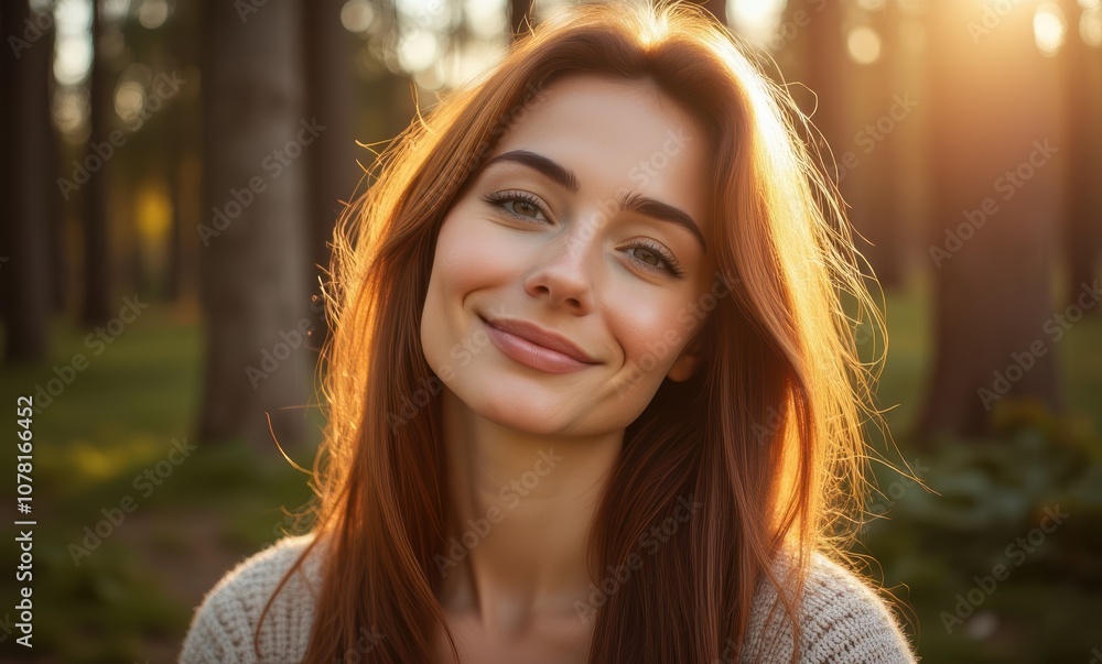 Smiling woman in forest at sunset Smiling woman in forest at sunset
