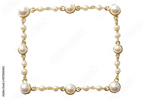 Square gold frame with a few strings of pearls isolated on transparent background, png.