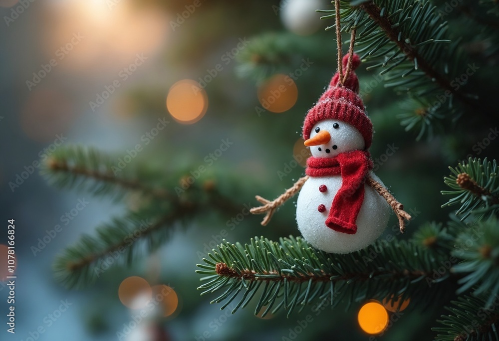 Small snowman ornament on a pine branch Small snowman ornament on a pine branch