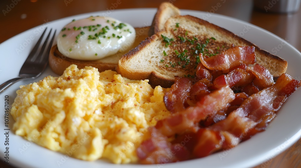 A classic American breakfast, featuring scrambled eggs, crispy bacon, and buttered toast.
A classic American breakfast, featuring scrambled eggs, crispy bacon, and buttered toast.