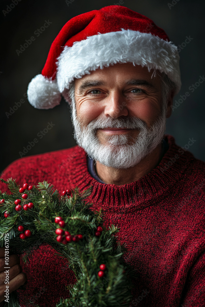 Festive Portrait of Caucasian Middle-Aged Male Wearing Santa Hat And Red Sweater Holding Christmas Gift Festive Portrait of Caucasian Middle-Aged Male Wearing Santa Hat And Red Sweater Holding Christmas Gift