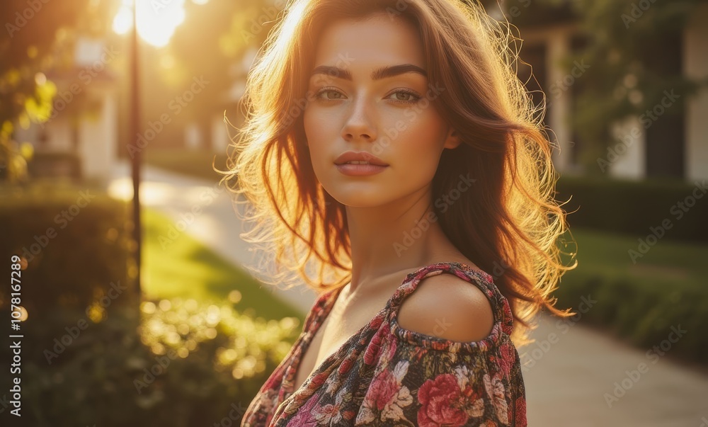 Beautiful woman in floral dress at sunset Beautiful woman in floral dress at sunset