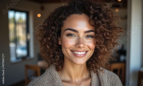 Cheerful young woman with curly hair