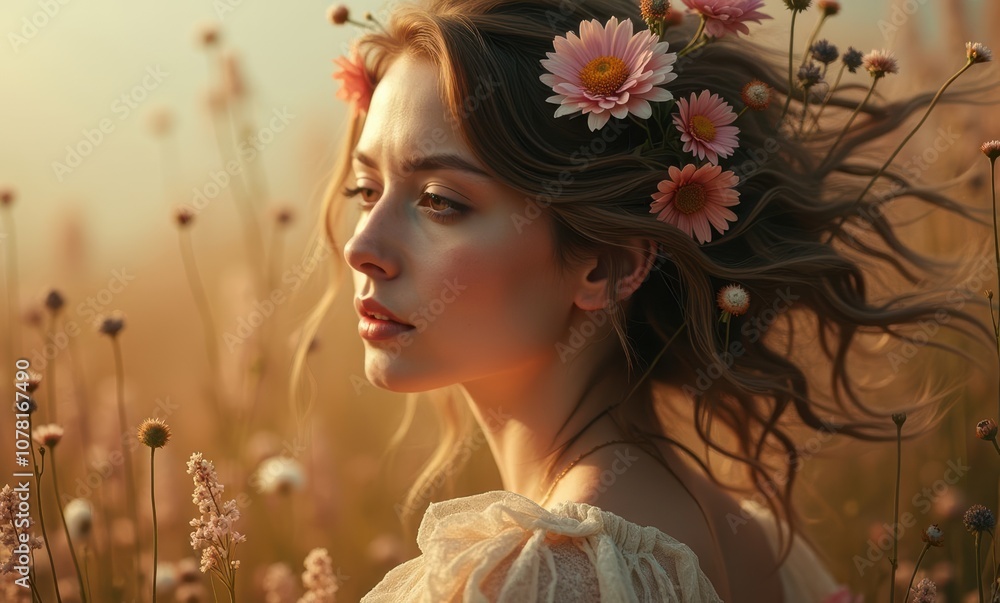 Young Caucasian woman with flowers in hair Young Caucasian woman with flowers in hair