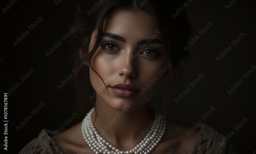 Elegant woman with pearls in dark light Elegant woman with pearls in dark light