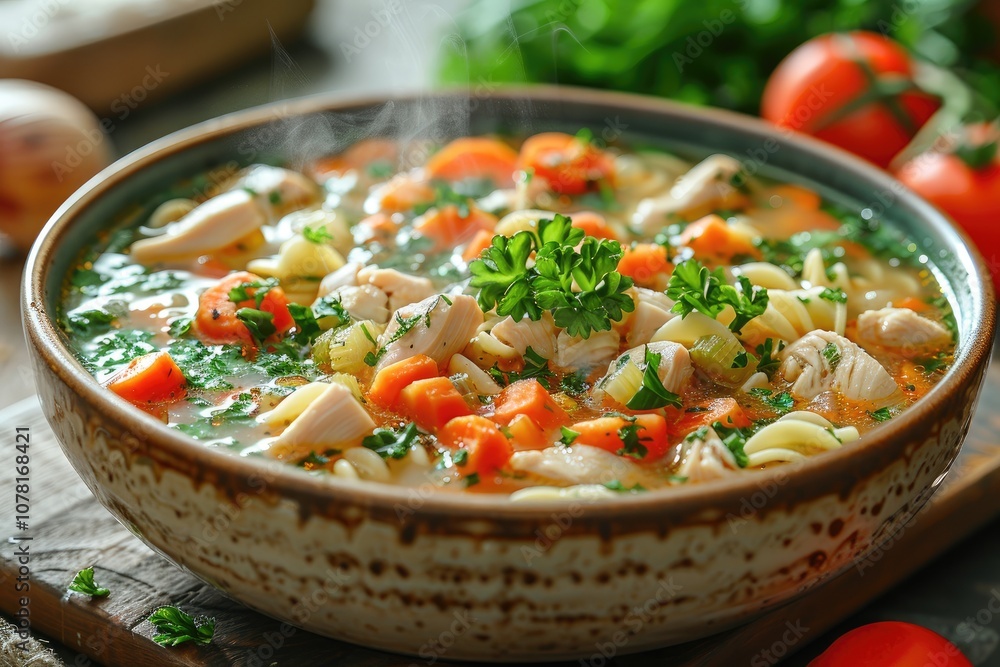 Steaming Bowl of Chicken Noodle Soup with Carrots and Parsley Steaming Bowl of Chicken Noodle Soup with Carrots and Parsley
