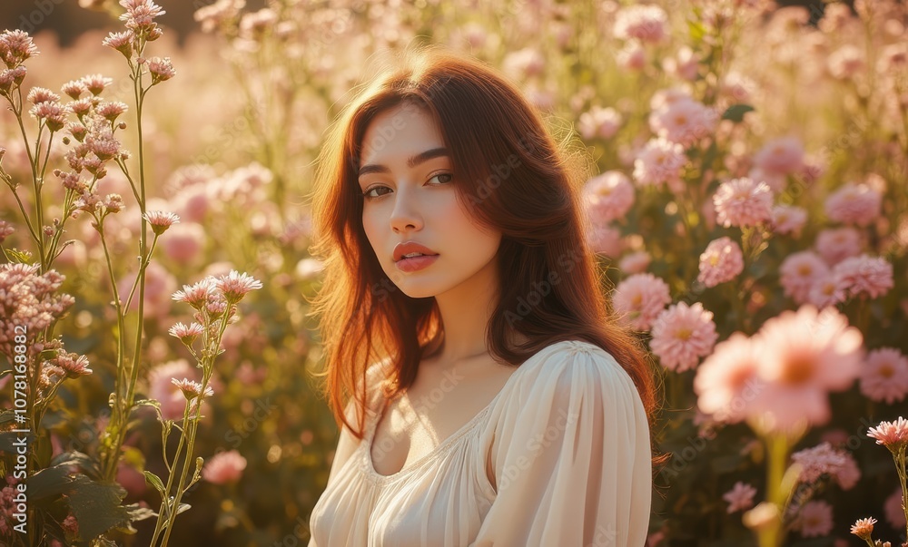 Young woman in a flower field Young woman in a flower field