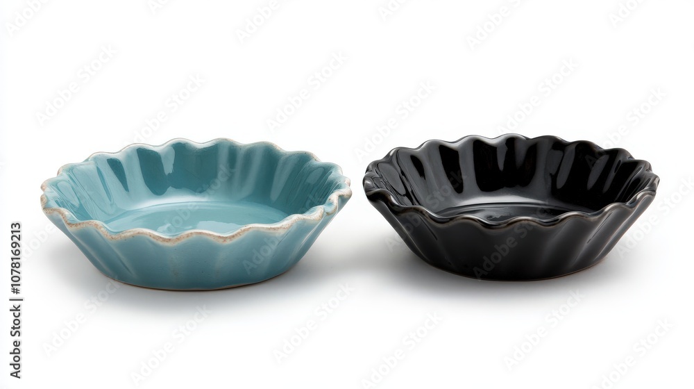 Two Ceramic Bowls with Fluted Edges, One Blue and One Black Two Ceramic Bowls with Fluted Edges, One Blue and One Black