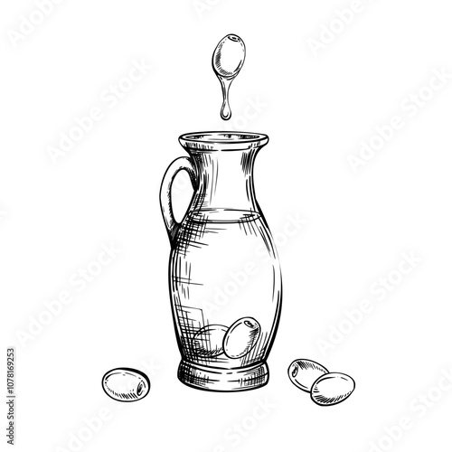 Glass bottle, carafe and olive berries fruit with drop of oil. Jar with food sauce. Vector sketch in line art style painted by black inks. illustration for label, menu, logo. Isolated from background