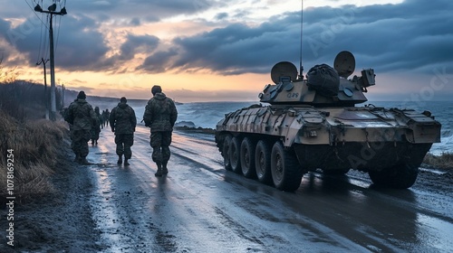 A group of soldiers walk along a muddy road with a military vehicle in the background as the sun sets over the ocean. photo