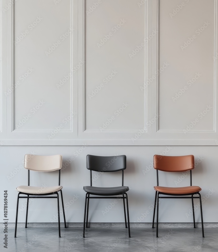 Three chairs with different colors in front of a white wall. Three chairs with different colors in front of a white wall.