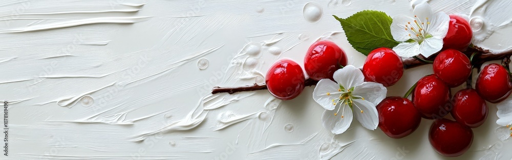 Fresh cherries and delicate cherry blossoms on minimalistic white background Fresh cherries and delicate cherry blossoms on minimalistic white background