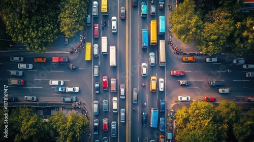 Highway traffic during peak hours in India. cars and buses lined up in organized lanes.