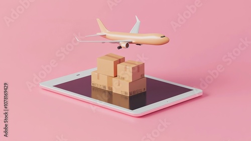 white plane flying over boxes in front of pink wall