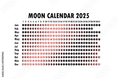 2025 Moon calendar. Astrological calendar design. planner. Place for stickers. Month cycle planner mockup. Isolated black and white background