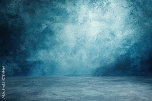 Blue grunge textured background with spotlight and floor.