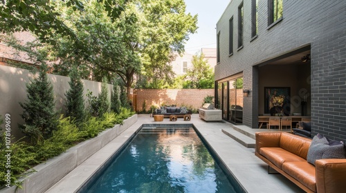 Wallpaper Mural A modern backyard featuring a pool, seating area, and lush greenery for relaxation. Torontodigital.ca