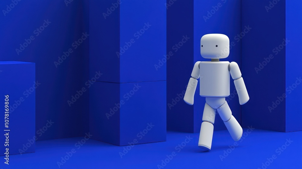 A white, blocky, 3D character walks across a blue background. A white, blocky, 3D character walks across a blue background.