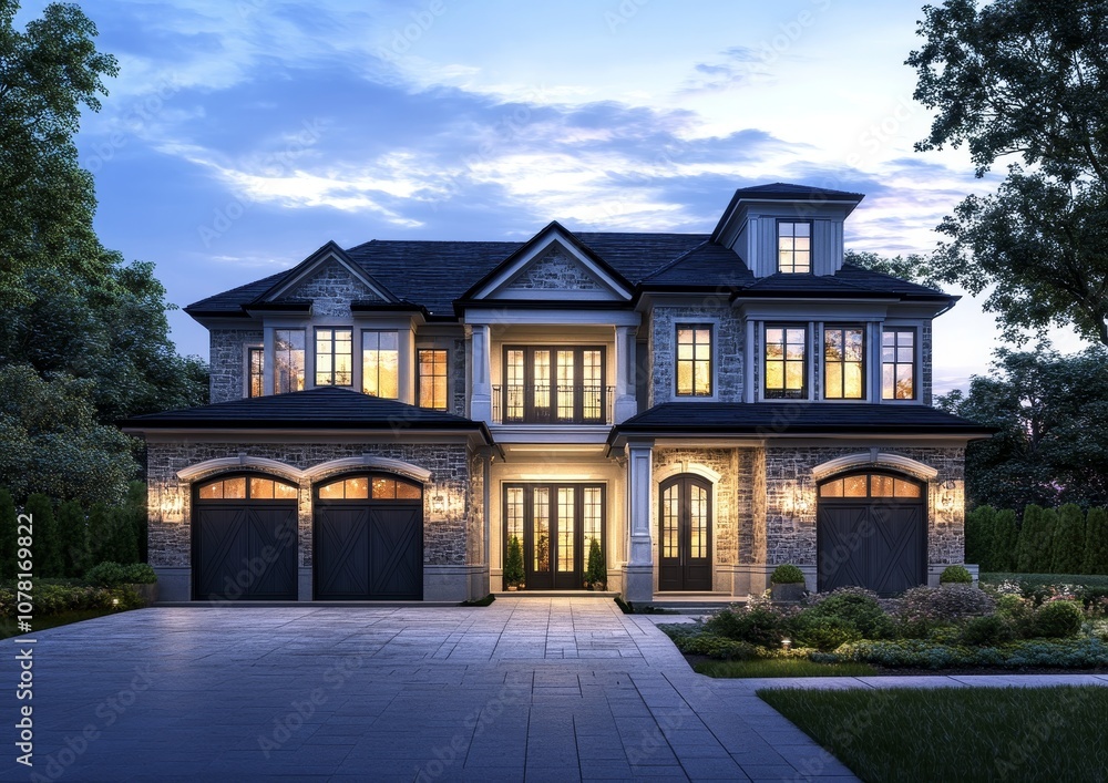 A large brick house with a double garage and a stone driveway. A large brick house with a double garage and a stone driveway.