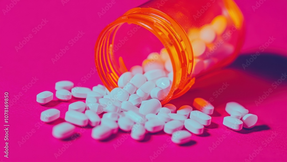 White pills spilling from an open medicine bottle isolated on a pink background. Close-up of white pills White pills spilling from an open medicine bottle isolated on a pink background. Close-up of white pills
