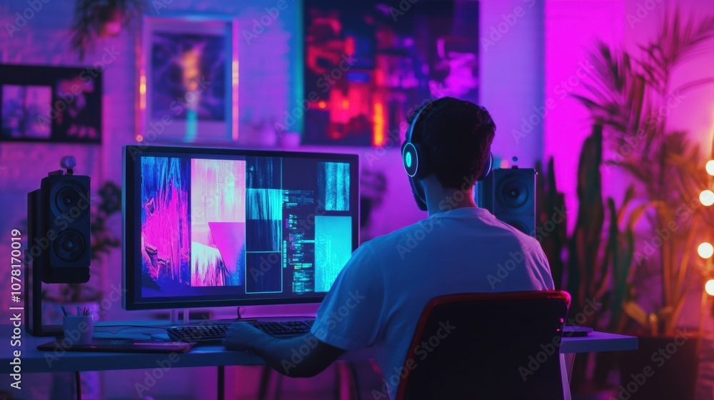 Artist with a neural chip, creating digital artwork with assistance from AI-driven cognitive prompts in the futuristic studio setup Artist with a neural chip, creating digital artwork with assistance from AI-driven cognitive prompts in the futuristic studio setup