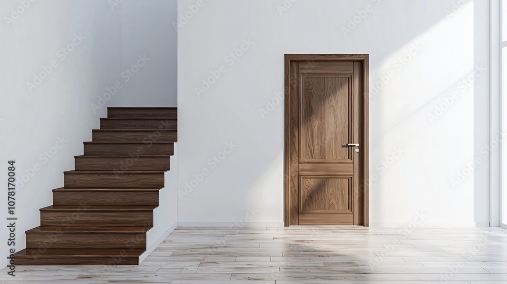 Modern Minimalist Interior Design with Wooden Stairs and Door Modern Minimalist Interior Design with Wooden Stairs and Door