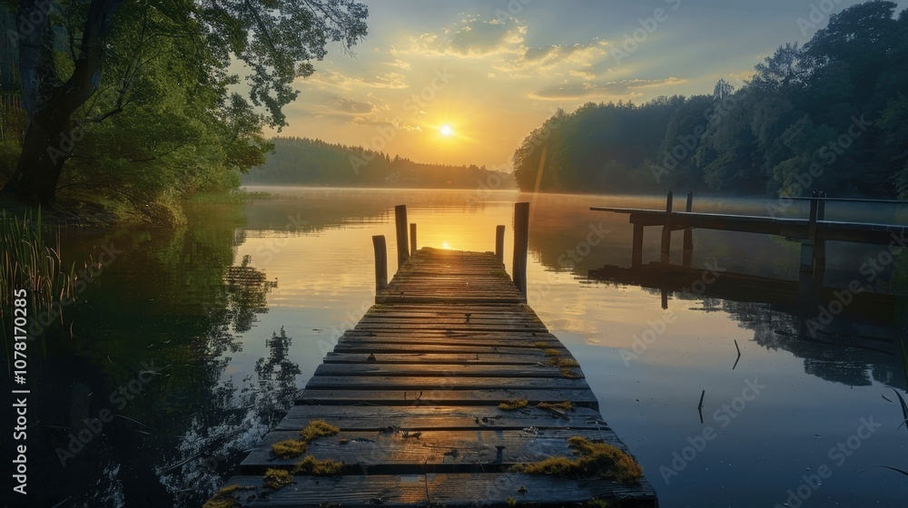 Obraz premium Serene Sunset Over Calm Lake with Wooden Dock