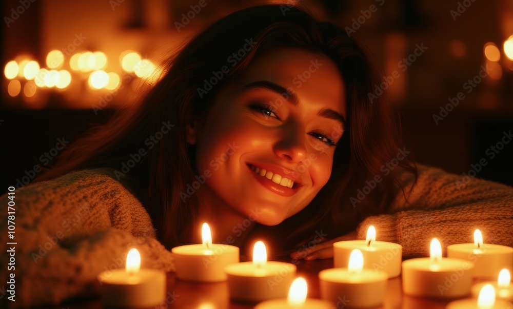 Smiling woman surrounded by candles Smiling woman surrounded by candles