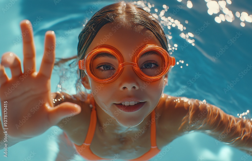 Naklejka premium A girl wearing goggles swims towards the camera while waving in a swimming pool.