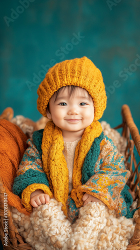 A cute baby sitting in the cradle, beautiful picture, looked at the camera, Generative AI