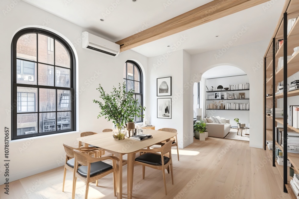 Modern Dining Room Interior Design with Arched Windows and Wooden Beam Modern Dining Room Interior Design with Arched Windows and Wooden Beam