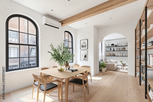 Modern Dining Room Interior Design with Arched Windows and Wooden Beam