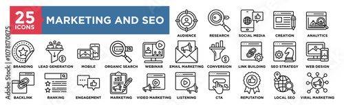 Marketing and SEO icon collection set. Containing design Target Audience, Keyword Research, Social Media, Content Creation, Analytics