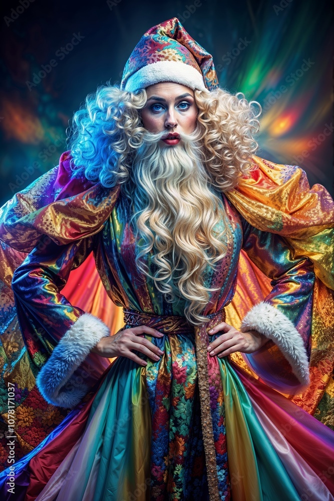 Festive Santa Claus with vibrant expression posing in colorful outfit against bright background Festive Santa Claus with vibrant expression posing in colorful outfit against bright background